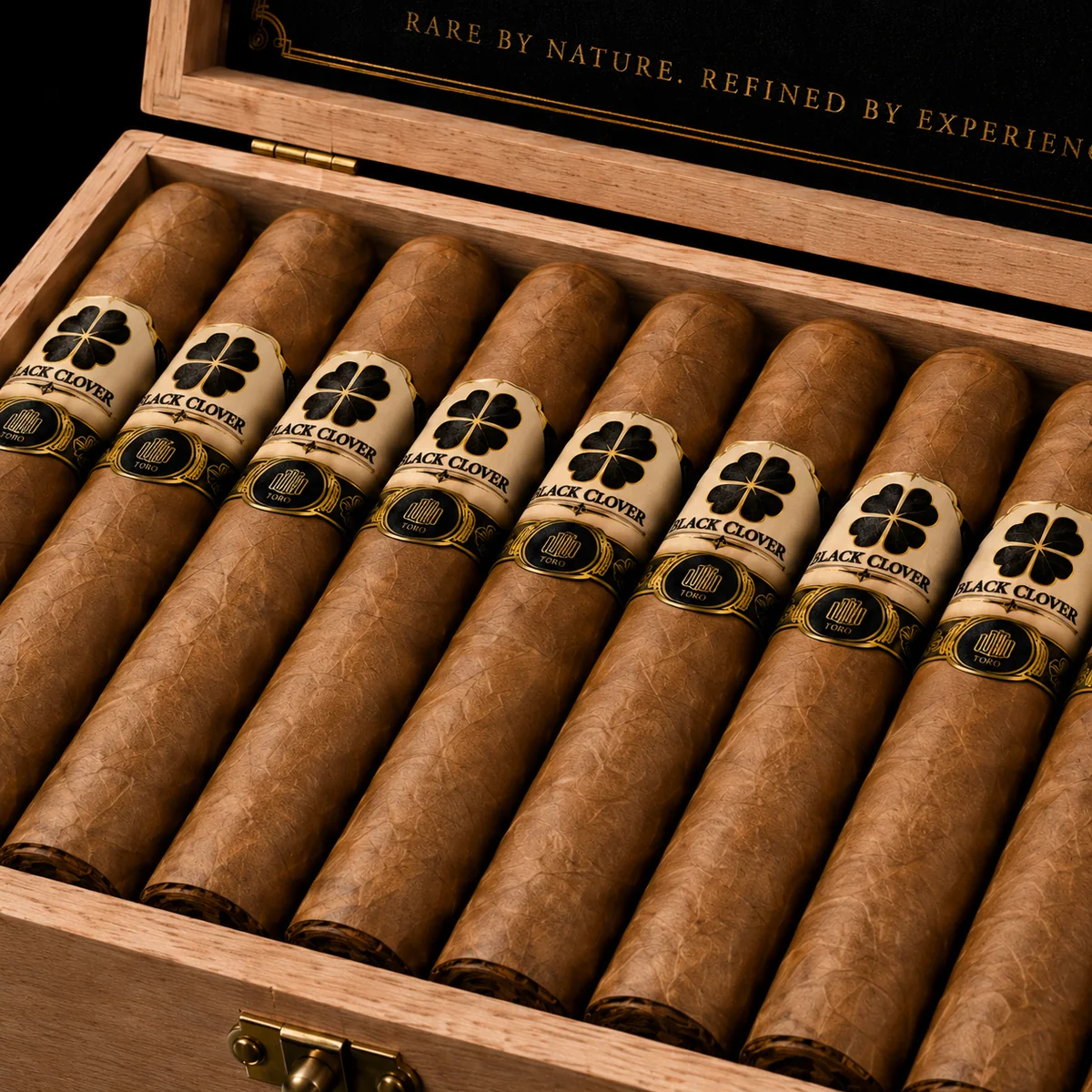 Twenty Black Clover cigars laid in an open box